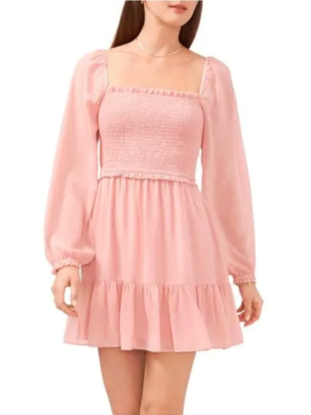 1.State  smock bodice ruffle hem long sleeves mini dress in pink NWT Size M